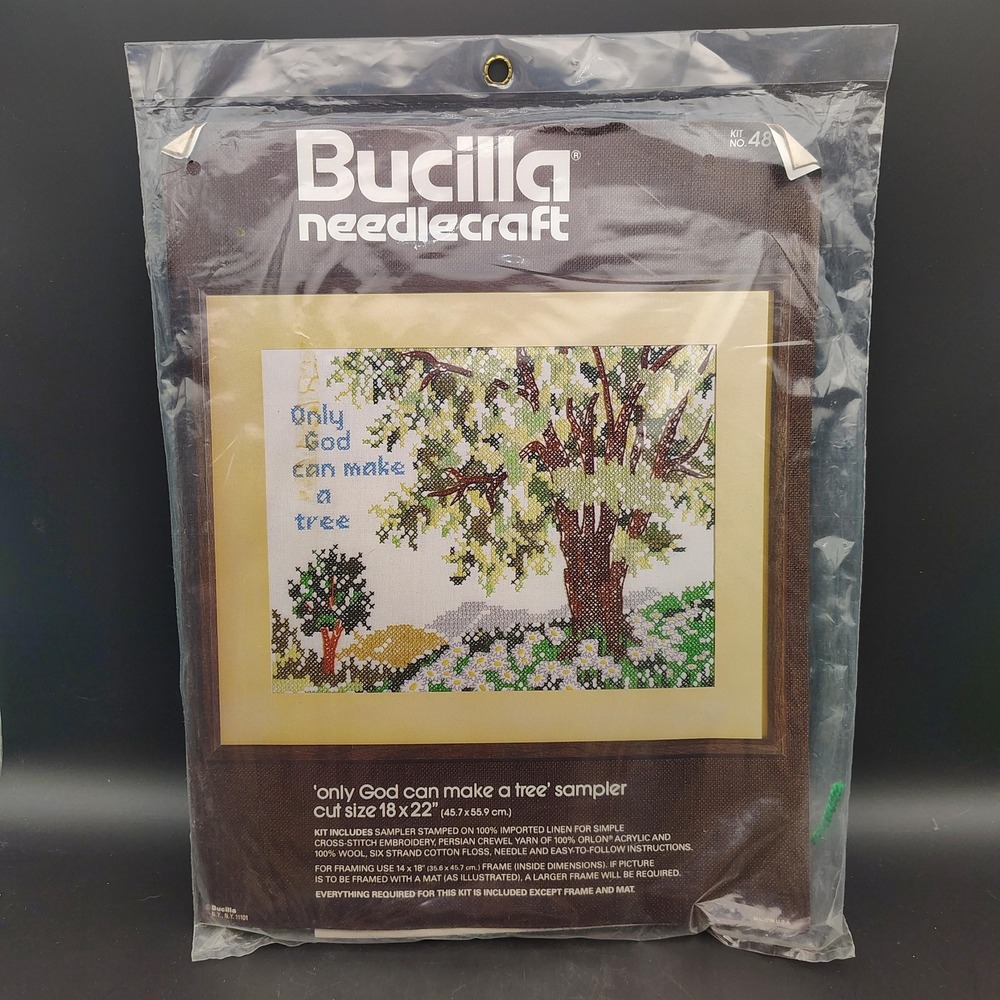 Vintage Bucilla Crewel Kit Only God Can Make A Tree Sampler OS Brown Boho